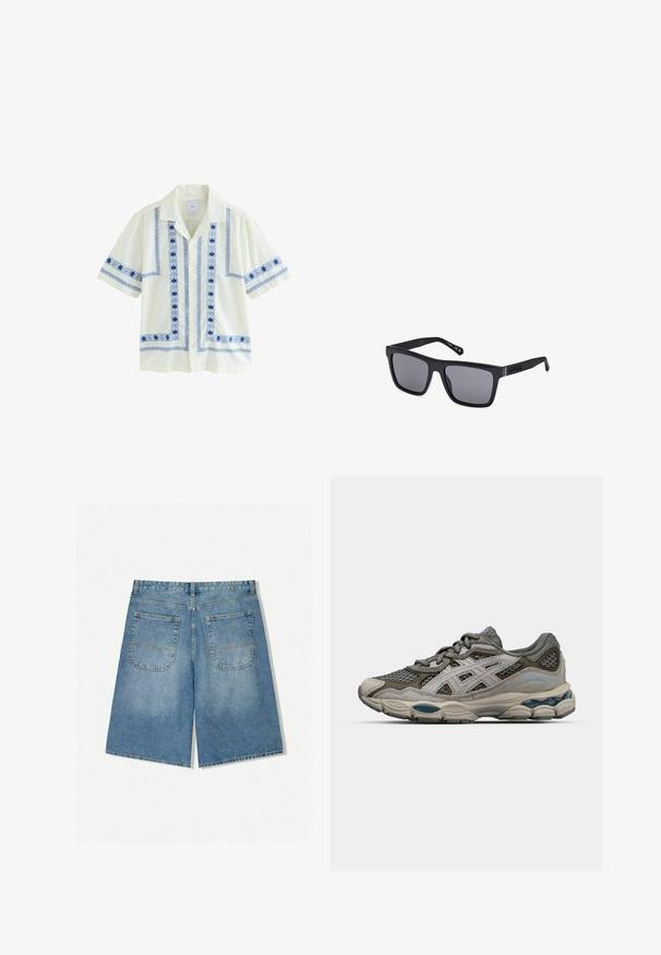 Camicia a maniche corte di un leggero giallo, con ricami geometrici blu lungo i bottoni e le maniche, colletto rilassato e vestibilità ampia.; Shorts in denim di colore azzurro chiaro con vestibilità ampia, dotati di due tasche posteriori e cuciture a vista. Il tessuto ha una consistenza morbida e liscia.; Scarpa sportiva grigia e beige con pannelli in mesh, texture a pois e dettagli argentati. Presenta una suola imbottita e un design con lacci.; Occhiali da sole rettangolari neri con lenti scure, finitura opaca e dettaglio del logo sulla tempia. Il design presenta bordi dritti e montature spesse.