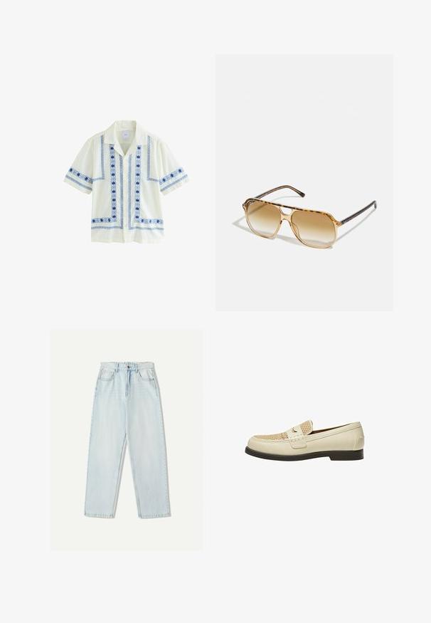 Krátky rukáv, svetložltá košeľa s modrým geometrickým vyšívaním pozdĺž gombíkov a rukávov, s uvoľneným golierom a širokým strihom.; Svetlo modré džínsy s uvoľneným strihom, rovnými nohavicami, piatimi vreckami a jemným vyblednutím látky.; Bežové kožené mokasíny s tkaným detailom na špičke a plochou hnedou podrážkou. Obsahujú dekoratívny pás cez prednú časť.; Slnečné okuliare s korytnačkovým vzorom, obdĺžnikovým rámom, hnedými gradientnými šošovkami a štíhlymi čiernymi ramenami s jemnými akcentmi loga.