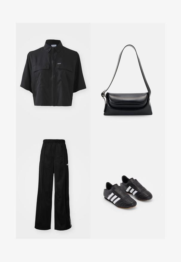 Veste noire courte en tissu léger, avec des manches courtes, une fermeture éclair et deux poches avant pour un détail supplémentaire.; Pantalons de survêtement larges noirs avec une taille élastique, ornés de bandes latérales blanches et d'un petit logo sur la hanche gauche. Texture de tissu lisse.; Chaussures de soccer noires avec une tige en cuir texturé, présentant un devant rembourré, trois rayures blanches sur les côtés et une semelle extérieure en caoutchouc gum.; Sac à main en cuir noir avec une forme structurée, une texture lisse et une seule bandoulière. Présente un design de rabat arrondi et subtil.