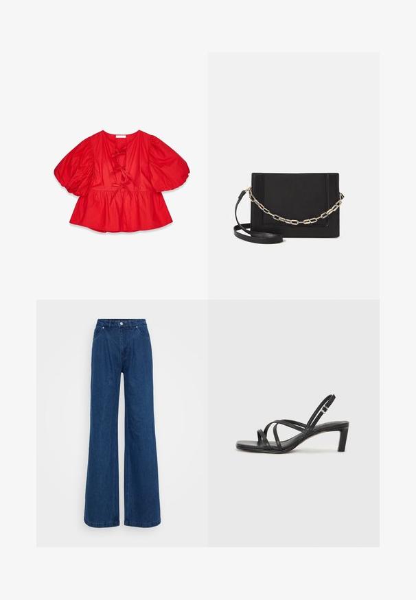 Rote Bluse mit Puffärmeln aus leichtem Stoff, mit lockerer Passform, Bindebändern am Kragen und einem ausgestellten Saum.; Weite blaue Jeans mit hoher Taille, vorderem Knopf- und Reißverschlussverschluss sowie Vorder- und Hintertaschen vor einem schlichten Hintergrund.; Schwarze Sandale mit Riemchen, quadratischer Zehenform und niedrigem Blockabsatz. Verfügt über mehrere dünne Riemen und einen verstellbaren Knöchelriemen. Hergestellt aus glattem Leder.; Schwarze Leder-Crossbody-Tasche mit glatter Textur, rechteckiger Form und metallic-kettendetail auf der Vorderseite. Verstellbarer Gurt inklusive.