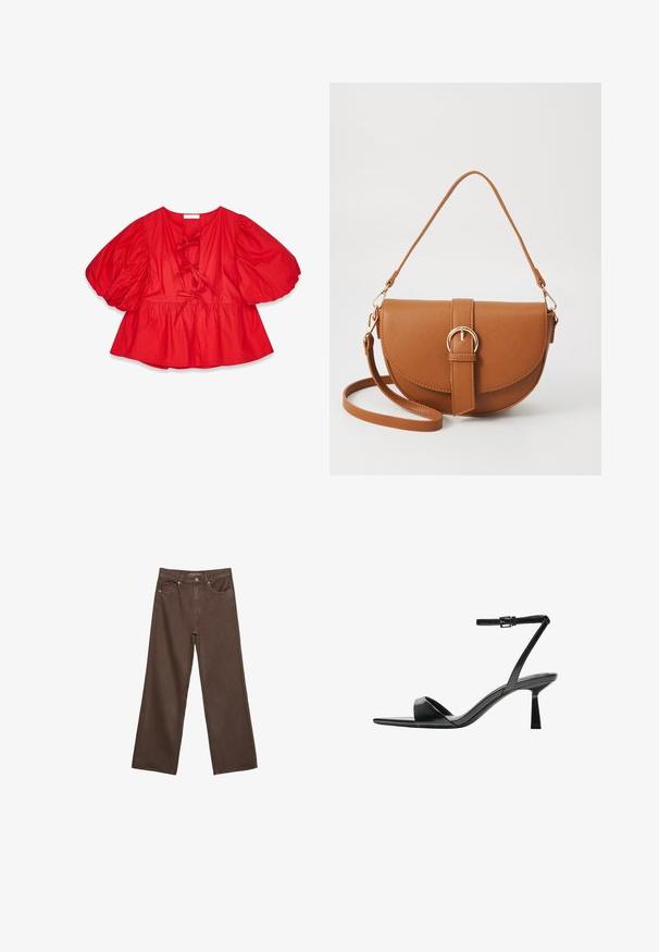 Punainen puffihihainen paita kevyestä kankaasta, jossa on väljä istuvuus, solmimiseen liittyvää yksityiskohtaa kaula-aukossa ja levenevä helma.; Leviittävät ruskeat farkut, jotka on valmistettu denimistä, korkea vyötärö, etutaskut ja klassinen nappikiinnitys. Silkkinen pinta hienovaraisella ompelutyöllä.; Bershka Korolliset sandaalit - black; Ruskean nahkainen olkalaukku, jossa on kaareva muoto, kultaiset yksityiskohdat ja solkiyksityiskohta. Varustettu irrotettavalla olkahihnalla.