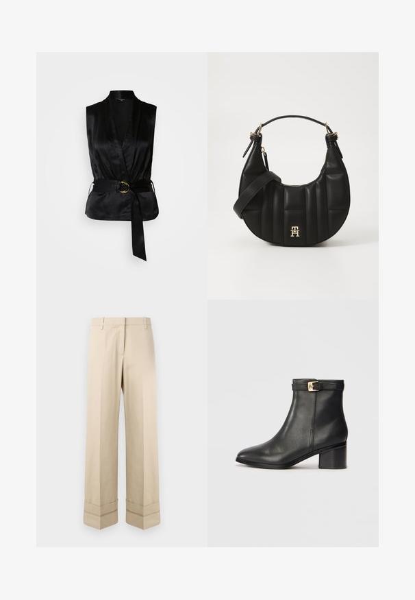 Black satin sleeveless top with a wrap design, featuring a belted waist and a gold ring accent. Smooth texture and tailored shape.; Beige trousers with a straight fit, featuring a double cuff at the hem and a flat front design. Made of smooth, durable fabric.; Black leather ankle boots with a smooth texture, rounded toe, and a gold-tone buckle accent on the ankle strap. Block heel design.; Black leather handbag with a curved shape, quilted texture, and gold hardware. Features a detachable shoulder strap and logo detail.