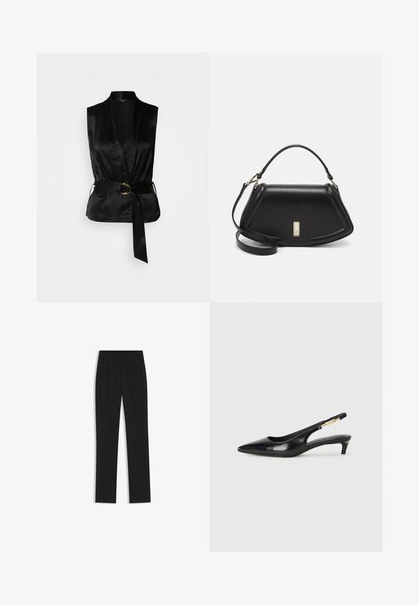 Black satin sleeveless top with a wrap design, featuring a belted waist and a gold ring accent. Smooth texture and tailored shape.; Black tailored trousers with a straight-leg design, featuring front pockets and a smooth, textured fabric. Neat, minimal detailing.; Black leather slingback heels with a pointed toe, featuring a slim heel and a gold-tone accent on the adjustable strap. Smooth texture.; Black leather handbag with a structured design, featuring a cropped shape, top handle, and gold hardware accent. Adjustable shoulder strap included.