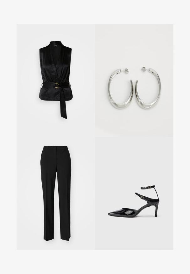 Black satin sleeveless top with a wrap design, featuring a belted waist and a gold ring accent. Smooth texture and tailored shape.; Black tailored trousers with a straight-leg design, featuring a smooth texture and crisp creases along the front. No visible hardware.; Black patent leather heels with a pointed toe, adjustable ankle straps, and a slender heel. Smooth texture with a shiny finish.; Silver hoop earrings with a smooth, curved design. Features a shiny metallic finish and stud closure. No visible patterns or accents.
