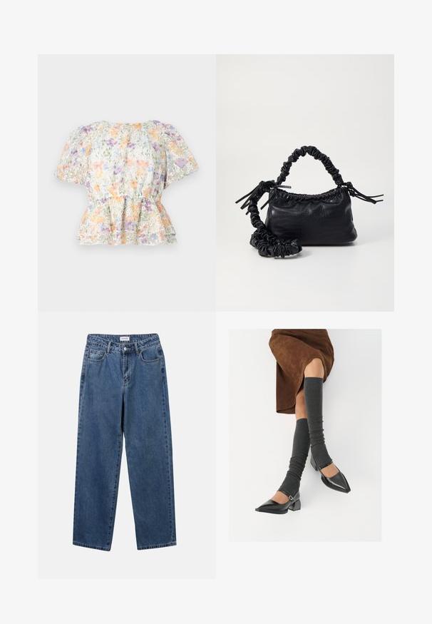 Blommig peplumblus i genomskinligt tyg, prydd med pastellfärgade blommor i orange, lila och grön. Korta puffärmar och volangkrage.; Klassiska blå denimjeans med rak benform, fem fickor och knäppning. Har en medelblå tvättning och stadig textur.; Svarta lackläderskor med spetsig tå, blockklack och ankelrem, i kombination med grå ribbade benvärmare och en brun mockakjol.; Svart faux läderhandväska med krokodiltextur, snodd topp och en skrämd rem. Ser mjuk och kompakt ut i designen.