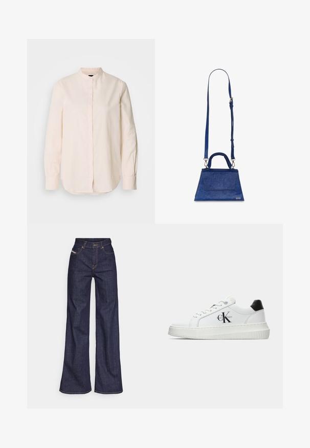 Cămașă roz deschis cu mânecă lungă, guler înălțat, închidere cu butoane și tiv ușor rotunjit; realizată dintr-un material neted, cu un design minimalist.; Blugi taille mare, de culoare albastru închis, din material denim, cu croială largă, cu cusături portocalii, design cu cinci buzunare și închidere cu nasture.; Adidași albi cu glezna joasă, cu tab-ul de călcâi negru, talpă platformă, șireturi și logo-ul "CK" de la Calvin Klein pe lateral.; Geantă de umăr din piele sintetică albastră, cu o formă triangulară, mânere de sus și curea de umăr ajustabilă. Dispune de o textură netedă și detalii cu clapetă frontală.