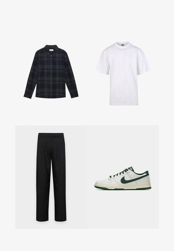 Camisa de franela a cuadros en negro y gris, con un cierre de botones en la parte delantera, mangas largas y un diseño de cuello clásico.; Camiseta blanca de algodón con cuello redondo, mangas cortas y un corte relajado. Presenta un diseño liso sin patrones ni detalles.; Pantalones negros de tela suave, con un diseño de pierna recta, dos pliegues frontales y una cintura estándar con trabillas para el cinturón.; Zapatilla de deporte blanca de caña baja con el swoosh de Nike en verde oscuro, lazadas y acentos en la suela, mostrada de perfil sobre un fondo blanco liso.