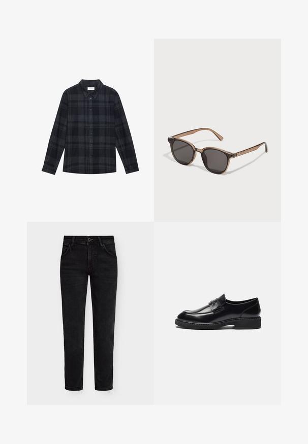 Chemise en flanelle à carreaux noirs et gris, avec un devant à boutons, des manches longues et un design de col classique.; Ensemble de cinq t-shirts à manches courtes en blanc, beige, gris clair, gris foncé et noir. Fabriqués en coton doux, présentant un design à col rond.; Jean en denim noir à coupe normale, avec fermeture éclair, bouton et cinq poches. Texture lisse et design classique.; Zign LEATHER - Mocassins de ville - black; Lunettes de soleil en plastique marron avec des verres foncés, de forme arrondie et branches effilées. Ornementation notable sur les branches.