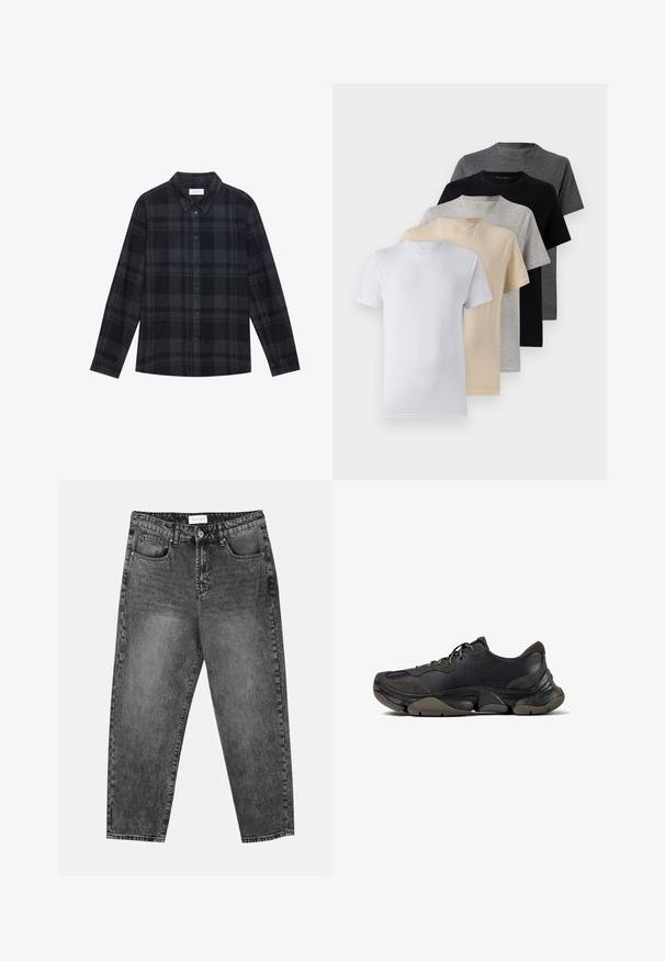 Schwarz-graues Karomuster-Hemd aus Flanell, mit einer Knopfleiste vorne, langen Ärmeln und einem klassischen Kragendesign.; Set aus fünf Kurzarm-T-Shirts in Weiß, Beige, Hellgrau, Dunkelgrau und Schwarz. Hergestellt aus glattem Baumwollmaterial, mit Rundhalsausschnitt.; Schwarz gewaschene gerade Jeans mit vorderen und hinteren Taschen, Gürtelschlaufen und einem Knopfverschluss an der Taille.; Schwarzer Sportschuh mit strukturiertem Sohle, Obermaterial aus Leder und Wildleder, gepolstertem Kragen und Schnürverschluss, im seitlichen Profil dargestellt.