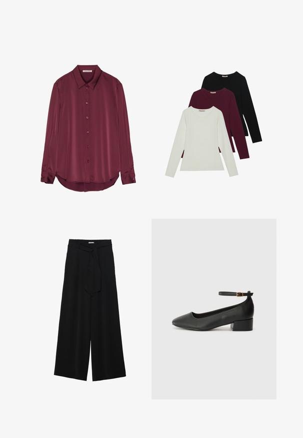 Burgundy, hosszú ujjú blúz sima szatén anyagból, gallérral, gombos elülső résszel és lekerekített hemmel. A gombok megegyeznek az anyag színével.; Hosszú ujjú pólók fehér, burgundi és fekete színben. Puha anyagból készült, kerek nyakú és testhez simuló fazonú. Réteges öltözködéshez is alkalmas.; Fekete, bő szárú nadrág, texturált anyagból, rugalmas derékpánttal és levehető sállal a derekán, amely állítható illeszkedést biztosít.; Fekete bőr magassarkú cipő hegyes orral és alacsony tömb sarkal. Bokapánttal rendelkezik, aranyszínű csattal. Simább textúra.