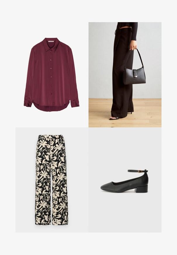 Blusa bordeaux a maniche lunghe in morbida satin, con colletto, chiusura a bottoni davanti e orlo arrotondato. I bottoni si abbinano al colore del tessuto.; Pantaloni larghi neri con un motivo floreale crema. Realizzati in tessuto leggero, con una texture liscia e una vita alta.; Pump in pelle nera con punta affusolata e tacco basso a blocco. Presenta una cinghia alla caviglia con una fibbia in tonalità oro. Texture liscia.; Borsa nera con forma strutturata, texture liscia e una chiusura metallica. Abbinata a pantaloni neri larghi e sandali open-toe su un pavimento in legno.