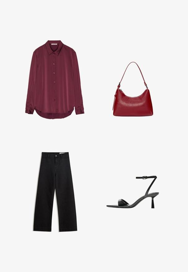 Burgundy, langharige blouse van een gladde satijnen stof met een kraag, knoopsluiting aan de voorkant en een ronde zoom. De knopen passen bij de kleur van de stof.; Zwarte denim broek met wijde pijpen en een hoge taille, voorzien van voor- en achterzakken, gestikte naden en een knoopsluiting. Gladde textuur.; Bershka Sandalen met hoge hak - black; Rode leren schoudertas met een gebogen ontwerp, een gladde textuur en een ritssluiting. Het heeft een dunne hengsel om te dragen.