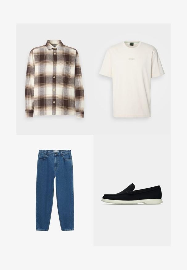 Rjava in krem karo srajca z dolgimi rokavi, izdelana iz mehkega blaga; ima odprto ovratnico in svetle lesene gumbe.; BOSS TEE - Navadna majica - open white; Svetlo modri kavbojki z ravnim krojem, ki imajo klasičen petnamenski stil in gumbasto zapiranje pri pasu.; Črne slip-on čevlje z zaobljenim nosom, ki imajo strukturirano zgornji del, gladek bel podplat in subtilen logotip na strani.