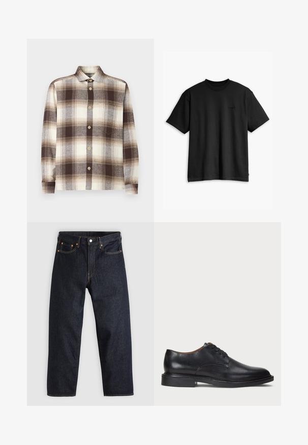 Camicia a quadri marrone e crema con maniche lunghe, realizzata in un tessuto morbido; presenta un colletto aperto e bottoni di legno chiaro.; T-shirt nera in cotone con collo rotondo e maniche corte. Presenta un logo frontale sottile e un orlo dritto. Design semplice e minimalista.; Jeans in denim blu scuro con taglio dritto, cinque tasche, cuciture arancioni a contrasto e chiusura con bottone. Nessun motivo o decorazione visibile.; Scarpa da uomo in pelle nera con punta rotonda, design con lacci e tacco basso impilato. Texture liscia con dettagli di cucitura minimi.