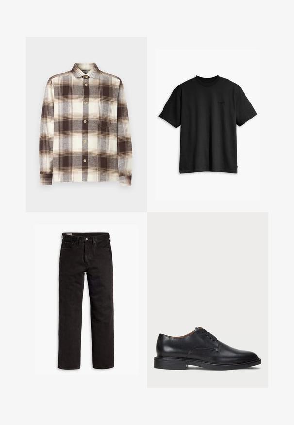Bruin en crème geruite overhemdbloes met lange mouwen, gemaakt van een zachte stof; beschikt over een gespreide kraag en lichte houten knopen.; Zwarte katoenen t-shirt met een ronde hals en korte mouwen. Heeft een subtiel logo aan de voorkant en een rechte zoom. Eenvoudig en minimalistisch ontwerp.; Zwarte recht gesneden denim jeans met vijf zakken, knoopsluiting en riemlussen, plat gelegd op een witte achtergrond.; Zwart leren dresschoen met een ronde neus, vetersluiting en een lage gestapelde hak. Gladde textuur met minimale stiksels.