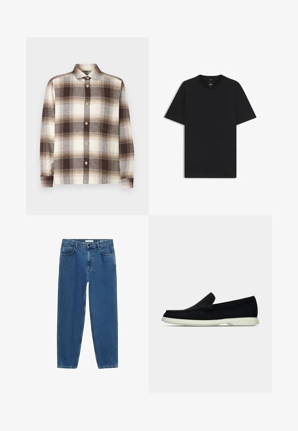Bruin en crème geruite overhemdbloes met lange mouwen, gemaakt van een zachte stof; beschikt over een gespreide kraag en lichte houten knopen.; Zwarte korte mouwen T-shirt van een gladde katoenmix, met een ronde halslijn en een minimalistisch ontwerp zonder patronen of accenten.; Lichtblauwe denim jeans met een rechte pijp, voorzien van een klassieke vijf-pocket stijl en een knoopsluiting bij de taille.; Zwarte instapper met een ronde neus, voorzien van een textuur bovenwerk, gladde witte zool en subtiele merktekens aan de zijkant.