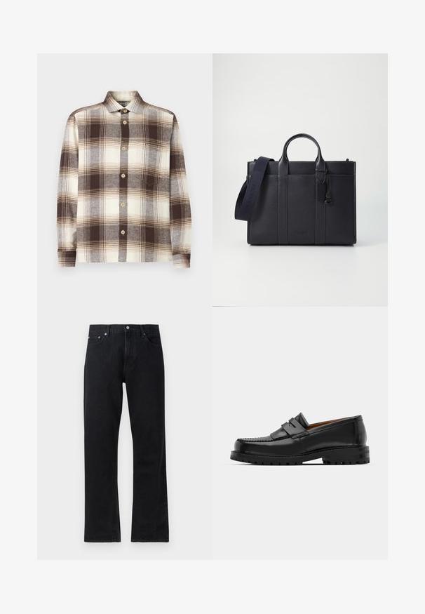 Cămașă cu pattern în carouri maro și crem, cu mâneci lungi, confecționată dintr-un material moale; are un guler spread și nasturi din lemn deschis.; Jeans negri din denim cu un design drept, având închidere cu nasture, stil cu cinci buzunare și detalii discrete de cusături.; Mocasinii din piele neagră au o cusătură ridicată, două bare decorative pe partea superioară și o talpă groasă texturată pentru o aderență suplimentară.; Servietă din piele de culoare albastru închis, cu două mânere superioare și o curea detasabilă. Prezintă un finisaj texturat, cusături verticale și detalii cu logo.