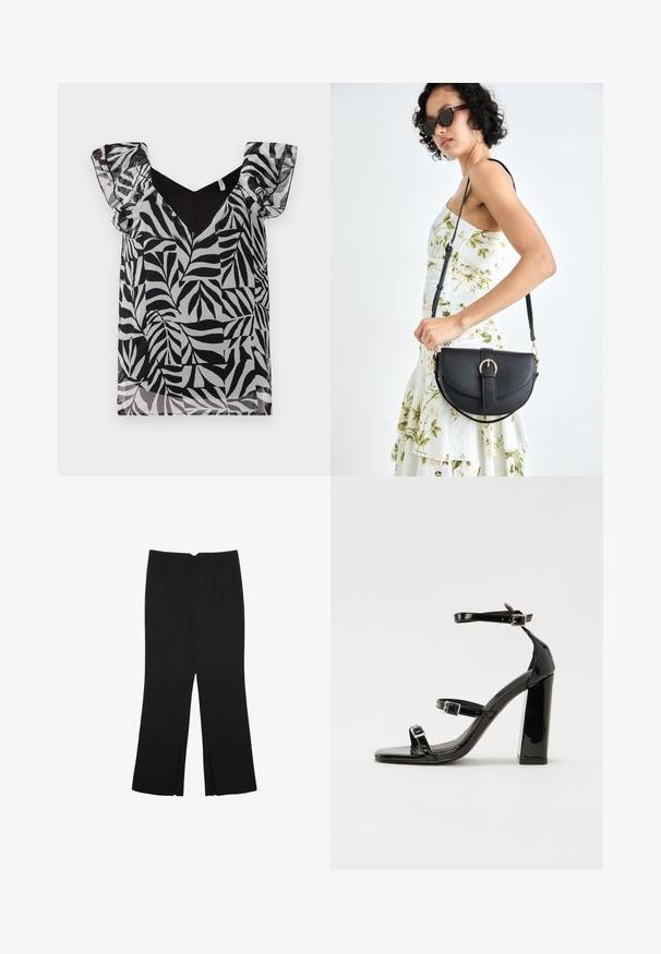 Blusa con motivo di foglie in bianco e nero, con maniche trasparenti a volant e scollatura a V. Realizzata in tessuto leggero con una texture liscia.; Pantaloni neri a gamba dritta, con tasche frontali e spacchi laterali all'orlo. Realizzati in tessuto morbido e liscio. Adatti a diverse occasioni.; Sandali con tacco in vernice nera, con punta squadrata, cinturini alla caviglia e fibbie in argento. Presentano un tacco a blocco spesso per maggiore stabilità.; Borsa a tracolla nera in pelle con una forma curva, manico rimovibile e accessori dorati. La borsa presenta una patta con un dettaglio a fibbia.