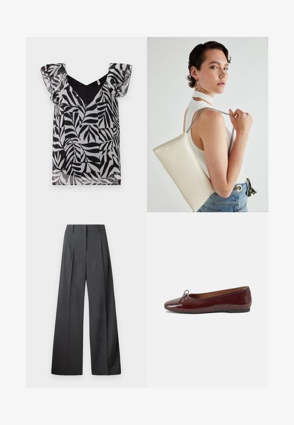 Bluză cu model de frunze alb-negru, cu mâneci din material transparent cu volane și decolteu în V. Fabricată dintr-un material ușor, cu o textură netedă.; Pantaloni culți din țesătură gri închis, cu talie înaltă, pliuri simple și o textură netedă, cu o finisare curată la tivuri.; Balerini din piele patent burgund cu vârful rotund, accent de fundiță mică în față și talpă joasă din cauciuc negru. Textură netedă.; Geantă de clutch rectangulară albă, realizată dintr-un material lucios, având o curea de lanț argintie. Modelul pozează, evidențiind geanta pe un fundal simplu.