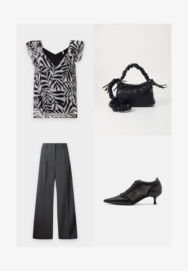 Fekete-fehér levélmintás blúz átlátszó fodros ujjal és V-kivágással. Könnyű anyagból készült, sima tapintással.; Széles szárú nadrág sötétszürke anyagból, magas derekú, egyes redőkkel, sima textúrával és tiszta befejezéssel a szegélyeken.; Fekete, hegyes orrú cipő, hálós panel tervezéssel, alacsony sarokkal és fűzős elülső résszel. Bőrből és hálós anyagból készült.; Fekete műbőr kézi táska krokodil bőr textúrával, összehúzható tetejű és gyűrt pánttal. Lágy és kompakt dizájnúnak tűnik.