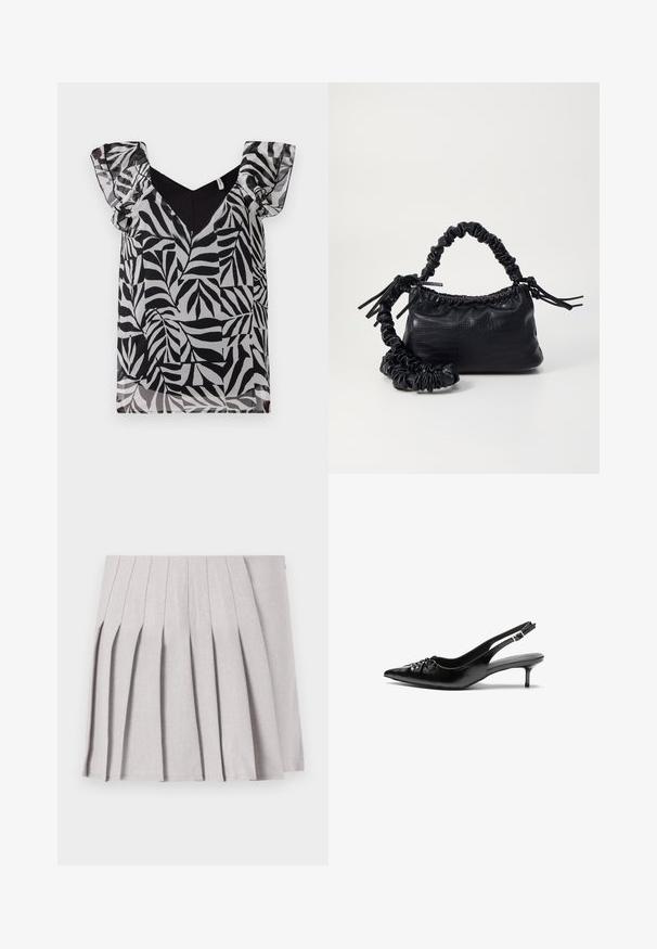 Bluza s črno-belo listnato vzorcem, s prosojnimi nabrano rokavi in V-izrezom. Narejena iz lahkotnega blaga z gladko teksturo.; Siva plisirana krila z gladko teksturo, ki ima več navpičnih gub in prilegajoč pas. Narejena iz lahkega materiala.; Črne usnjene slingback pete z izostrenim nosom, majhno mačje peto in okrasno vozličasto podrobnostjo na sprednjem delu. Gladka tekstura po celotni površini.; Črna torbica iz umetnega usnja s krokodilovo teksturo, z zvitim vrhom in zmečkano naramico. Zdi se mehka in kompaktna v oblikovanju.