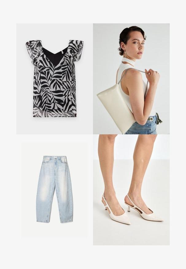 Black and white leaf pattern blouse with sheer ruffled sleeves and a V-neckline. Made of lightweight fabric with a smooth texture.; Light blue denim jeans with a loose fit, featuring a faded finish, two front pockets, and a button closure at the waistband.; Beige patent leather slingback heels with a pointed toe and 5 cm heel, featuring cut-out sides and a thin ankle strap.; White rectangular clutch bag made of glossy material, featuring a silver chain strap. Model poses, showcasing the bag against a plain background.