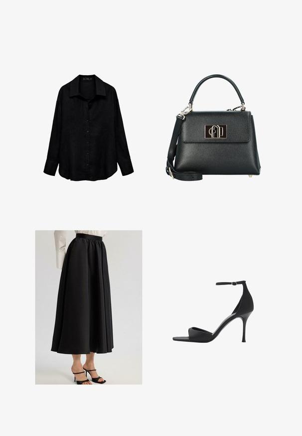 Black linen shirt with a collar, long sleeves, and button-down front; features a relaxed fit and a slightly rounded hem.; Black maxi skirt made of smooth fabric, featuring a gathered waistband and flowing design, paired with black strappy heels.; Mango High heeled sandals - black; Black textured leather handbag with a structured shape, featuring a top handle, detachable shoulder strap, and a gold-tone logo clasp.; Gold-tone rectangular wristwatch with a white dial, silver-tone hour markers, and a durable metal link bracelet. Water-resistant feature included.