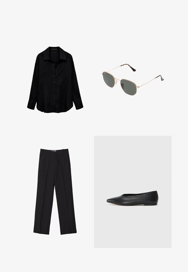 Czarna lniana koszula z kołnierzykiem, długim rękawem i zapięciem na guziki; ma luźny krój i lekko zaokrąglony dół.; Czarne spodnie o dopasowanym kroju ze prostymi nogawkami, z podwójnymi zaszewkami, gładką teksturą oraz subtelnymi detalami w postaci szwów z przodu.; Czarne baleriny z lakierowanej skóry, spiczasty nosek, minimalistyczny design, gładka faktura, niskie obcasy, bez widocznych elementów metalowych czy ozdób.; Złote okulary przeciwsłoneczne w stylu aviatora z ciemnozielonymi soczewkami, z wąskimi ramionami i akcentami w panterkę na końcach.; Czarna skórzana torebka na dwa uchwyty, owalny kształt, gładka tekstura, subtelne logo oraz załączona etykieta w kształcie serca.