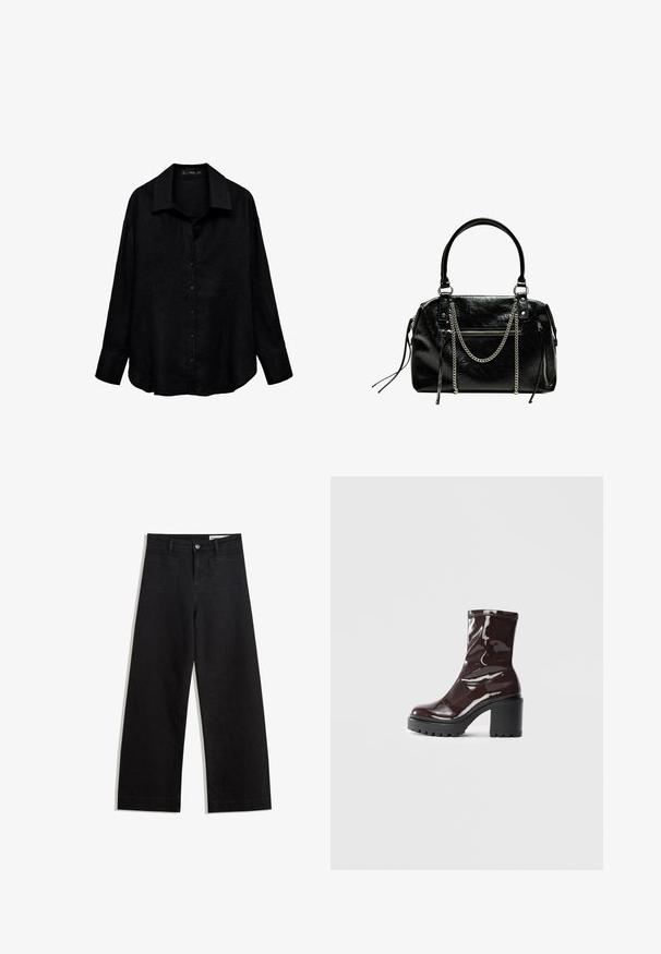 Zwarte linnen shirt met een kraag, lange mouwen en knoopsluiting aan de voorkant; heeft een relaxte pasvorm en een licht afgeronde onderrand.; Zwarte denim broek met wijde pijpen en een hoge taille, voorzien van voor- en achterzakken, gestikte naden en een knoopsluiting. Gladde textuur.; Glanzende bordeauxrode enkelboot met een chunky zwarte hak, met een gladde textuur en een eenvoudig ontwerp. Geen zichtbare sluitingen of patronen.; Bershka WITH CHAIN - Handtas - black