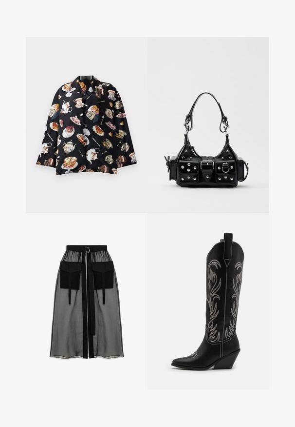 Cămașă neagră cu un model repetat de ceainice, prăjituri și aluaturi. Materialul pare moale și neted, cu mâneci scurte și nasturi.; Fustă neagră transparentă cu un talie plisată, având două buzunare mari în față, un cordon pentru talie și un accent metalic circular.; Bocanci de cowboy din piele neagră, cu vârfuri ascuțite, toc wedge și modele florale brodate cu fir argintiu de-a lungul tijei. Cusături în contrast pe întreaga suprafață.; Geantă de piele neagră cu un design curbat, dotată cu studuri argintii, o cataramă și două buzunare laterale. Curea ajustabilă pentru opțiuni de transport.