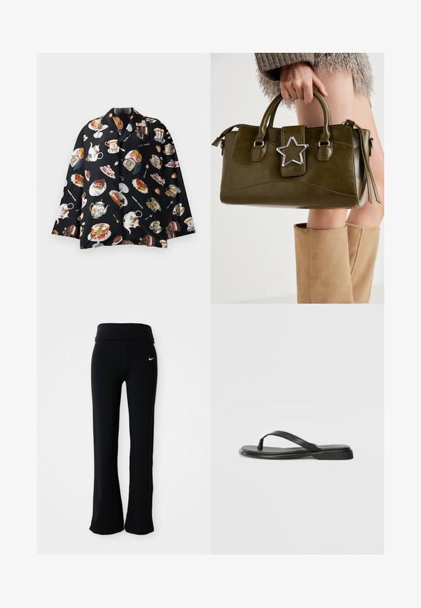 Černé tričko s opakovaným vzorem konvic na čaj, dortů a pečiva. Materiál vypadá měkký a hladký, s krátkými rukávy a knoflíky.; Černé sportovní kalhoty s širokým pasem, vyrobené ze hladkého, elastického materiálu. Obsahují malé bílé logo Nike na boku.; Černé žabky vyrobené z hladké kůže, s tenkým designem popruhu a plochou podrážkou s minimálním profilem. Žádné výrazné vzory ani akcenty.; Olivově zelená kabelka z imitace kůže se stříbrnou hvězdou, dvojitými rukojeťmi a zipovým uzávěrem. Texturovaný povrch a strukturovaný tvar.