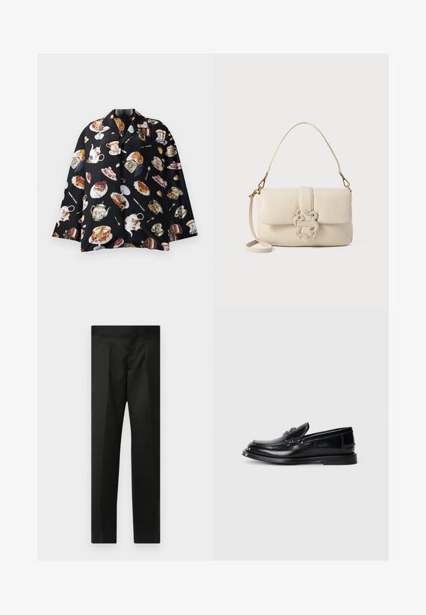 Maglietta nera con un motivo ripetuto di teiere, torte e pasticcini. Il materiale sembra morbido e liscio, con maniche corte e bottoni.; Pantaloni neri realizzati in un tessuto morbido, design su misura, gambe dritte e una vita piatta senza chiusure o tasche visibili.; Mocassino in pelle nera con un design cucito, una piccola linguetta anteriore e una suola in gomma piatta. Texture liscia con dettagli in metallo dorato.; Borsa a tracolla in pelle crema con chiusura a patta, hardware dorato e un accento decorativo intrecciato. Dotata di una tracolla staccabile.