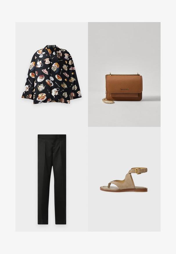 Juodas marškinėlis su pasikartojančiu arbatinukų, pyragų ir konditerijos gaminių raštu. Medžiaga atrodo minkšta ir lygi, trumpomis rankovėmis ir mygtukais.; Juodos kelnės su lygiu audiniu, pritaikytu dizainu, tiesiomis kojomis ir plokščiu juosmeniu be matomų užsegimų ar kišenių.; Smėliniai zomšiniai sandalai su piršto kilpa, atviromis šoninėmis dalimis ir plačiu kulkšnies dirželiu, papuoštu auksine sagtimi. Plokščias rudas pado kraštas su šiek tiek iškilumu.; Ruda tekstūruota odinė per petį nešama rankinė su auksiniu grandininiu dirželiu ir užlenkiamo užsegimo. Priekinėje pusėje yra logotipo detalė ir kišenė po užlenkimu.