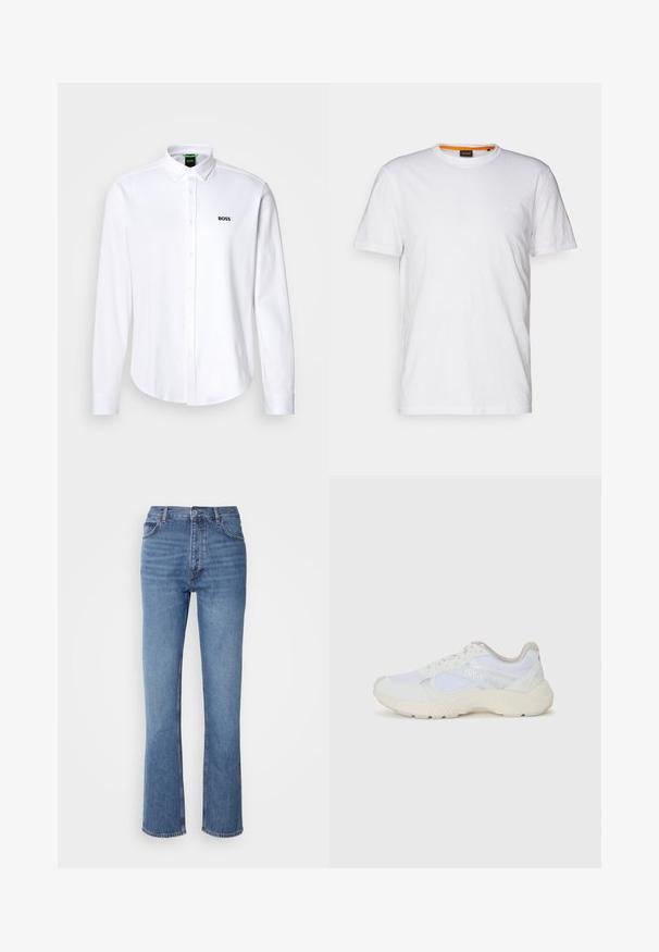 Camicia bianca button-up in cotone, dotata di colletto classico e di un logo ricamato discreto sul lato sinistro del petto. Texture liscia.; T-shirt bianco in cotone con collo rotondo, maniche corte e un logo a rilievo discreto sul petto. L'etichetta interna ha un accento arancione.; Jeans in denim blu con vita alta, design a gamba dritta e leggera sbiaditura. Presentano il classico stile a cinque tasche e chiusura con zip.; Scarpe da ginnastica bianche in mesh e suede, con una suola intermedia testurizzata, dettagli testurizzati e il logo "HUGO" sul lato.