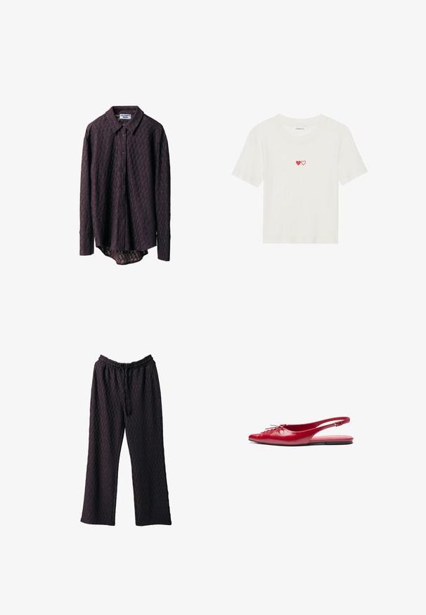 Camicia button-up a maniche lunghe di colore viola scuro, caratterizzata da un design testurizzato con un sottile motivo a diamante e un orlo curvo.; T-shirt bianco a maniche corte con costine, caratterizzato da due cuori rosse ricamate sul petto. Tessuto morbido con un design classico a girocollo.; Pantaloni larghi di un viola scuro, realizzati in un tessuto texturizzato, con una vita elastica e chiusura con coulisse per una vestibilità regolabile.; Scarpa piatta slingback rossa in pelle con punta affusolata e un dettaglio decorativo di lacci nella parte frontale, caratterizzata da una sottile fascia alla caviglia e suola piatta.