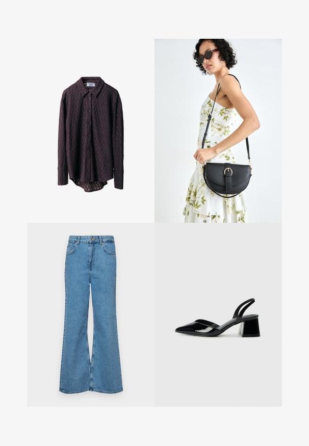 Langarm knoopshirt in donkerpaars, met een textuurdesign en een subtiel ruitpatroon, en een gebogen zoom.; Lichtblauwe flared jeans van denim, met een hoge taille, vijf zakken en een enkele knoopsluiting. Zachte textuur met een vervaagde afwerking.; Zwarte gepatineerde leren slingback hakken met een spitse neus en een geometrische blokhak. Kenmerkt zich door een slank, minimalistisch ontwerp en een gladde textuur.; Zwarte leren handtas met een gebogen vorm, afneembare schouderband en gouden hardware. De tas heeft een klep met een gespsluiting.