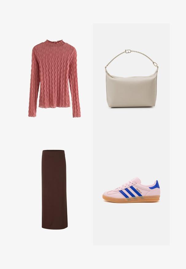 Hladký dlouhý rukáv v jemně růžové barvě, s vysokým výstřihem a texturovaným vzorem s vlnitými liniemi. Materiál se jeví jako lehký a mírně průsvitný.; Hnědá midi sukně vyrobená z hladkého materiálu, s upraveným pásem a přímou siluetou bez viditelných vzorů nebo akcentů.; Růžová semišová sportovní obuv se třemi modrými pruhy, gumovou podrážkou a texturovaným akcentem na patě. Na boku je přítomno logo "Gazelle".; Béžová kožená kabelka s měkkou texturou, obdélníkovým tvarem, zipem nahoře a zlatým řetízkem. Minimalistický design a neutrální barva.