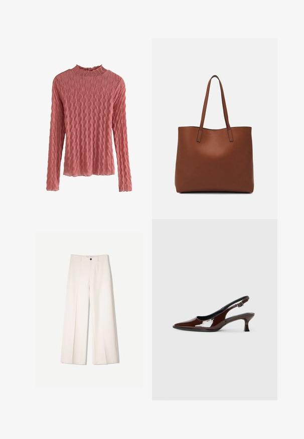 Žametna dolga majica z dolgimi rokavi v mehki rožnati barvi, z visokim ovratnikom in teksturno vzorcem z valovitimi črtami. Tkanina se zdi lahka in nekoliko prosojna.; Kremne široke hlače s krojem, ki vključujejo dve sprednji žepi in en sprednji gumb za zapiranje, izdelane iz gladkega blaga.; Rjavi lakirani slingback čevelj z ostro konico in zmerno peto. Ima zaponko za varno prileganje. Gladka tekstura.; Rjava usnjena torba z gladko teksturo, odprto zasnovo zgoraj in dvema naramnima trakovoma. Opremljena je z minimalnim šivanjem in brez vidnih kovinskih delov.