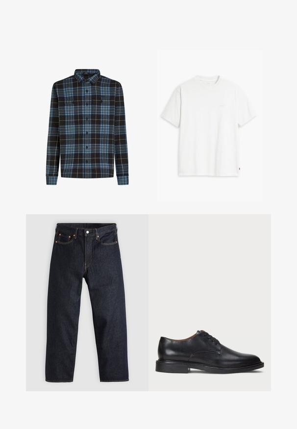 Black and blue flannel shirt with a checkered pattern, long sleeves, button-up front, and two chest pockets. Made of soft fabric.; White cotton t-shirt with short sleeves, round neckline, and a subtle "Levi's" logo printed in light color on the front.; Dark blue denim jeans with a straight cut, five pockets, contrasting orange stitching, and a button fly. No visible patterns or embellishments.; Black leather dress shoe with a round toe, lace-up design, and a low stacked heel. Smooth texture with minimal stitching details.