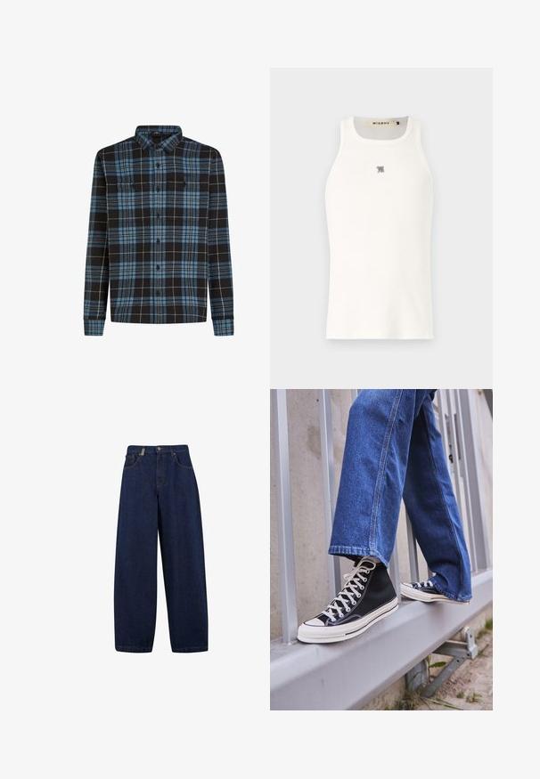 Zwart-blauwe flanellen shirt met een geruit patroon, lange mouwen, knopen voorkant en twee borstzakken. Gemaakt van zachte stof.; Witte mouwloze tanktop gemaakt van ribbelstof, met een klein grijs logo op de borst. Eenvoudig ontwerp met een ronde halslijn.; Losse, donkerblauwe denim jeans met een hoge taille, frontzakken en een recht model. Inclusief zilverkleurige hardware en minimale stiksels.; Zwarte hoge sneakers met witte zool en veters, gecombineerd met losse blauwe denim jeans, rustend op een grijze leuning.