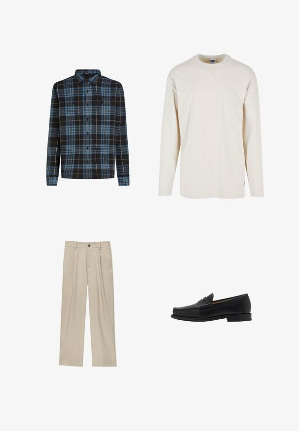 Černá a modrá kostkovaná flanelová košile s dlouhými rukávy, zapínání na knoflíky a dvěma náprsními kapsami. Vyrobena z měkké látky.; Krémové tričko s dlouhým rukávem vyrobené z měkké bavlny, s kulatým výstřihem a postranními rozparky pro zvýšené pohodlí. Minimalistický design, jednolitá textura.; Béžové kalhoty klasického střihu, se jedním černým knoflíkem, poutky na opasek a bočními kapsami. Hladká textilie a minimalistický design.; Mango Elegantní nazouvací boty - black