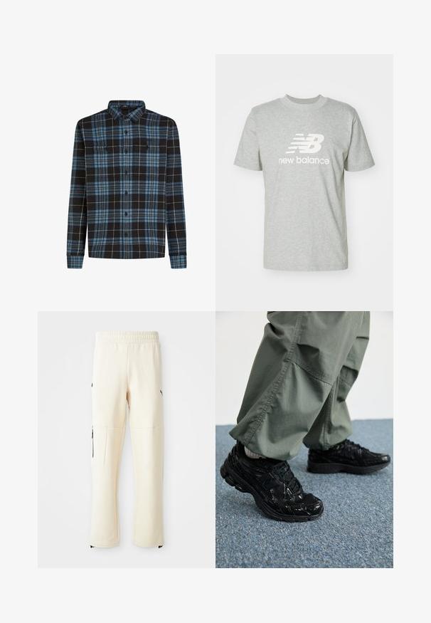 Čierna a modrá károvaná flanelová košeľa s dlhými rukávmi, zapínanie na gombíky vpredu a dvoma náprsníkovými vreckami. Vyrobená z mäkkej látky.; Svetlo šedé bavlnené tričko s krátkymi rukávmi, okrúhlym výstrihom a bielym logom "New Balance" výrazne umiestneným na prednej strane.; Svetlé béžové tepláky vyrobené z mäkkého materiálu. Majú čierne logo, bočné vrecká so zipsami a voľný strih.; Čierne atletické tenisky s lesklými a sieťovinovými textúrami, so silnou podrážkou a šnúrkami, kombinované s voľnými olivovo-zelenými cargo nohavicami.