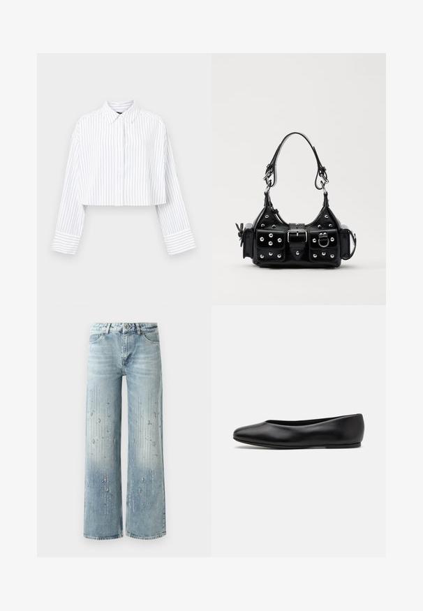 Kratka bijela košulja s vertikalnim tamnoplavim prugama, dugmad na prednjoj strani, oštar ovratnik i široki manšeti. Izrađena od laganog, glatkog materijala.; Svijetloplave široke traperice od denima, s gradijentnim efektom boje i ukrasima od srebrnih rhinestona u vertikalnom uzorku.; Paul Smith TOPANGA - Balerinke - black; Crna kožna torba s zakrivljenim dizajnom, koja sadrži srebrne zakovice, kopču i dva bočna džepa. Podesiva traka za različite opcije nošenja.