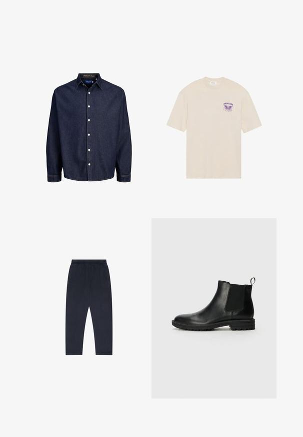 Temno modra denimska srajca z gumbom spredaj, dolgimi rokavi in klasičnim ovratnikom, obložena z belimi gumbi in kontrastnim šivanjem.; Bež majica iz bombaža s grafiko vijoličnega metulja in besedo "OBSCURE" na levi prsni strani, kratkimi rokavi in okroglim izrezom.; Temno modri hlače z elastiko v pasu in ravnimi nogami, razporejene na belem ozadju.; Jack & Jones JFWHOSKINS - Klasični gležnjarji - anthracite