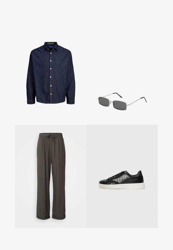 Temno modra denimska srajca z gumbom spredaj, dolgimi rokavi in klasičnim ovratnikom, obložena z belimi gumbi in kontrastnim šivanjem.; Temno siva široka hlače z elastičnim pasom, izdelane iz mehke, strukturirane tkanine, z zavihanimi manšetami na gležnjih.; Črne športne copate z zgornjim delom iz teksturirane usnjene tkanine s kroko, zaobljenim nosom in kontrastnim belim gumijastim podplatom z gladko površino.; Sončna očala v obliki pravokotnika s temnosivimi lečami, tankim srebrnim kovinskim okvirjem in črnimi gumenimi konicami za ušesa. Minimalističen dizajn.