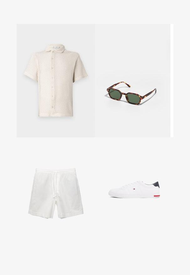 Košulja kratkih rukava svijetle bež boje s dugmetima, izrađena od teksturirane, otvorene pletenine, s kragnom i pet dugmadi sprijeda.; Bijele pamučne šorts hlače s elastičnom trakom oko struka i vezicom, bočnim džepovima i ravnim krojem s urešenim rubovima.; Bijele niske tenisice od glatke kože. Imaju mornarsko plavi kapica na peti i crvenu akciju na potplatu. Šest rupica za vezivanje.; Tortoiseshell sunčane naočale s zelenim lećama, sa osmerokutnim oblikom i tankim, zakrivljenim drškama. Materijal ima sjajnu završnu obradu.