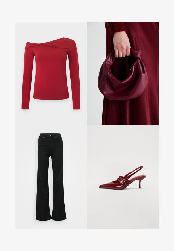 Rode top met lange mouwen en een asymmetrisch design waarbij een schouder vrij is. Gemaakt van een zachte, rekbare stof met een gladde textuur.; Zwarte wijde jeans gemaakt van denim, met een hoge taille, vijf zakken en een metalen knoopsluiting. Gladde textuur met minimale detailing.; Rode gepatenteerde leren slingbackhakken met een spitse neus, twee gespsluitingen en een slanke, middelhoge stilettohak. Glad textuur.; Bordeaux leren handtas met een zacht, gegathered ontwerp en een ronde vorm. De handgreep is stevig bevestigd en toont een gladde textuur.