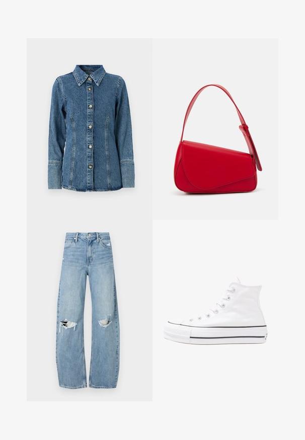 Denim krekls vidēji zilo krāsā, ar klasisku apkakli, garām piedurknēm, pogu aizdari un kontrastējošiem izšuvumiem gar šuvēm.; Gaiši zili, augstās vidukļa džinsi, kas izgatavoti no denima. Iespējas plašas kājas, divas plēstas ceļa daļas un klasiskā piecu kabatu dizains.; Balti augstie kanvas sporta apavi ar melnu gumijas zoli, priekšējo gumijas purngalu un sešām acīm lencēm, kuriem ir tīrs, minimālistisks dizains.; Sarkans ādas rokassomi ar stūrainu, ģeometrisku dizainu. Iekļauj vienu regulējamu siksnu un vāku ar izšūtu detaļu.