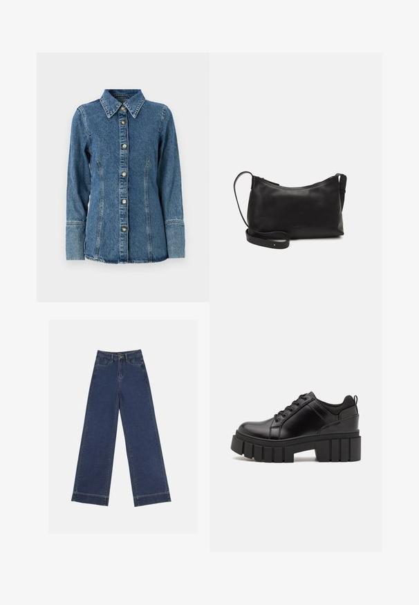 Traper košulja u srednje plavoj boji, s klasičnom kragnom, dugim rukavima, kopčanjem na dugmiće i kontrastnim šavovima.; Široke traperice u tamnoplavom denimu. Imaju pet džepova, petlje za pojas i siroki rub na dnu s vidljivim detaljima šavova.; Crne kožne platforme s debelim blok-peta, okruglim prstima i klasičnim dizajnom vezanja. Imaju gladak tekstur i minimalne detalje.; Crna kožna torba na rame s glatkom teksturom, zakrivljenim oblikom, podesivim remenom i zatvaranjem na patentni zatvarač. Minimalistički dizajn bez ukrasa.