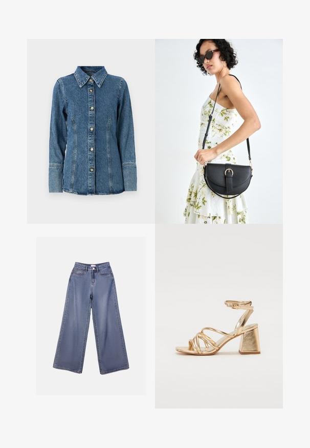 Camisa de ganga em azul médio, com colarinho clássico, mangas longas, fecho com botões e costuras contrastantes ao longo das costuras.; Calças de ganga de perna larga numa lavagem azul clara, com uma cintura alta, bolsos frontais e fecho de botão com passadores para cinto.; Sandálias de salto alto metálico dourado com design em tiras, salto quadrado e tira no tornozelo ajustável com fivela. Textura suave.; Bolsa de couro preta com forma curva, alça destacável e detalhes em dourado. A bolsa possui uma aba com detalhe de fivela.